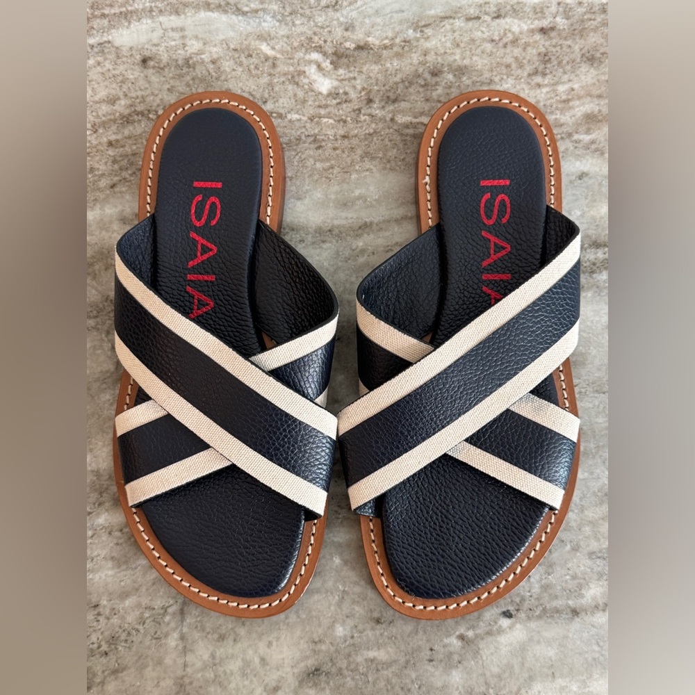 ISAIA NAPOLI BLUE & CREAM SANDALS ITALY 42 / 9 US $800 SLIDES SLIPPER NAUTICAL